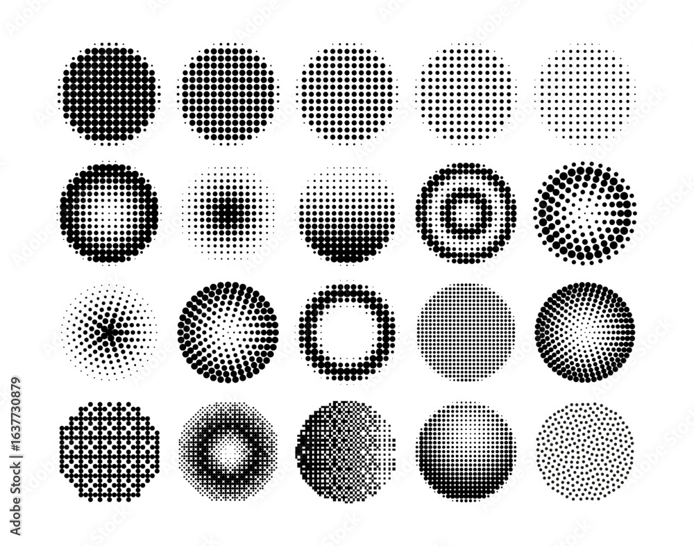 Poster circle halftone. black dot radial and linear gradients with various patterns, distortions, optical i