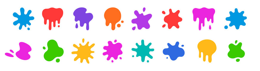 Color ink blots. Colorful paint splatters and drips in organic splashes. Bright, playful, bold abstract graffiti spots for kids art blobs, comics, pop art design. Vector isolated set