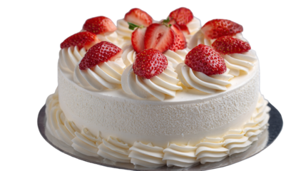 White chocolate strawberry yogurt cake decorated with fresh fruits and chocolate chunk on wood table. Delicious and sweet pink cake for Valentines or birthday party. Homemade bakery concept.