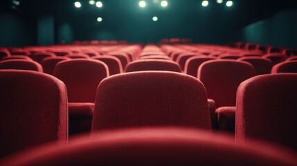 Obraz premium Rows of Empty Red Seats in a Theater, Ready for an Audience to Enjoy a Show