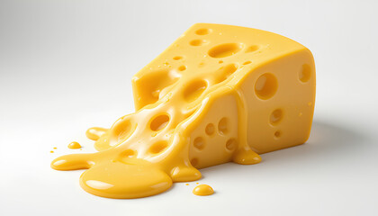 Close-up of a cheddar cheese wedge melting, highlighting its porous texture and dripping cheese flow, perfect for depicting food concepts or culinary themes.