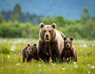 A powerful brown bear sow stands protectively with her two playful cubs in a lush green meadow, a tender portrait of a wild animal family in their natural habitat.