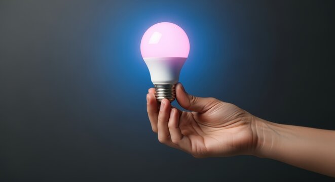 Hand Holding Illuminated LED Light Bulb Displaying Pink and Blue Energy Efficient Lighting
