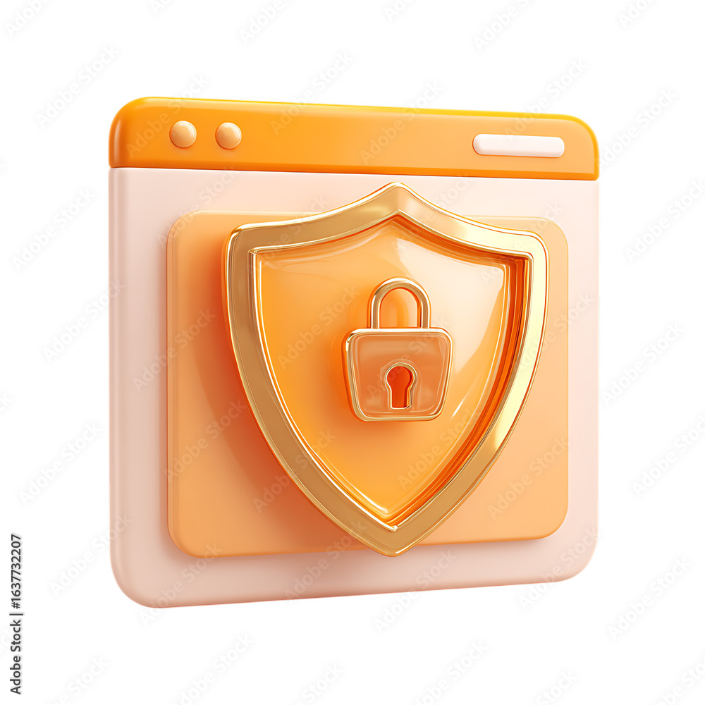 Fototapete 3d rendering of a golden shield with a padlock symbol protecting a digital interface isolated on tra
