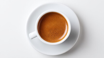 Fototapeta premium Overhead Shot of Steaming Espresso in White Cup and Saucer on White Background