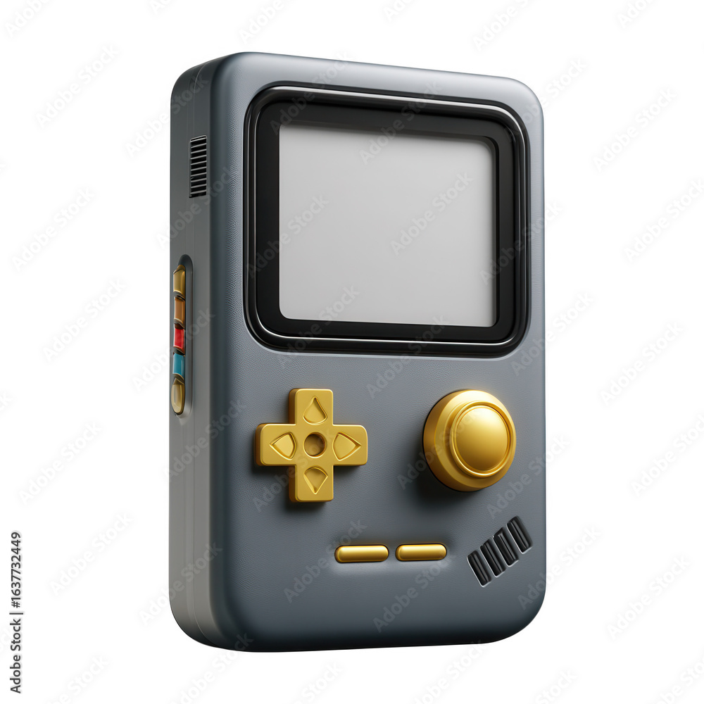 Poster retro portable gaming device with golden buttons and colorful controls isolated on transparent backg