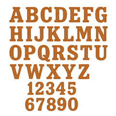 Alphabet Retro vintage font with a rough effect, orange-brown tones
