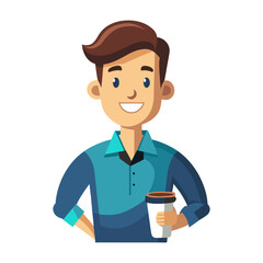 Relaxed businessman holding coffee cup with happy smile, enjoying break time, casual morning illustration, vector art, clean white background