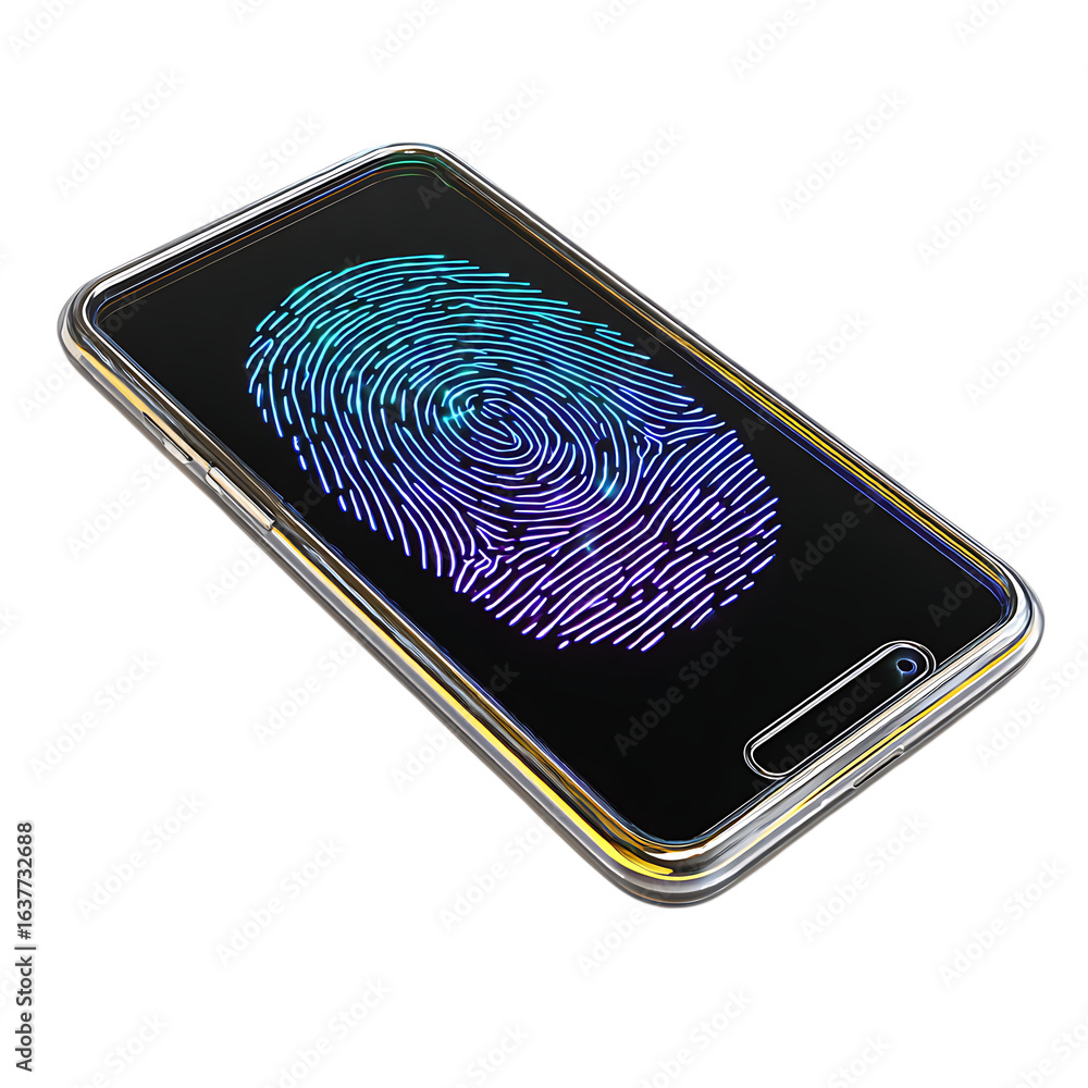 Aufkleber modern smartphone displaying a colorful fingerprint scanner for biometric security isolated on trans