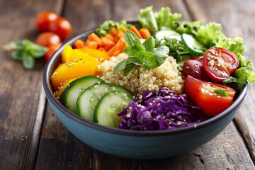Clean eating salad bowl with quinoa and fresh vegetables