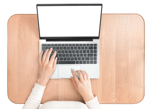 woman with laptop at work desk, isolated on white background, top view - Powered by Adobe