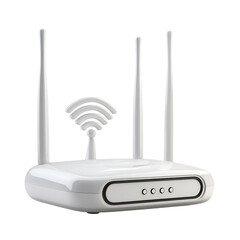 Modern white wireless router with three antennas and wi fi signal icon isolated on transparent...