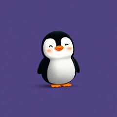 Obraz premium Cute cartoon penguin waving in simple flat vector style on purple background, minimalistic 2D design with clean shapes and solid colors, perfect for children’s app logo, or playful graphic use.