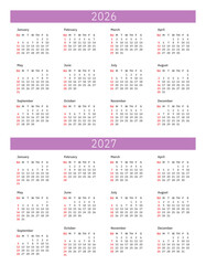 Monthly calendar template for 2026 and 2027 year. Desk calendar 2026 and 2027 design, simple and clean design, Wall calendar for print, digital calendar, Corporate design planner template vector.