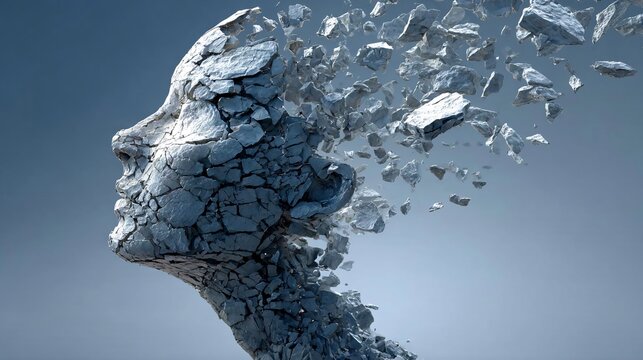 shattered human face disintegrating into pieces symbolizing the fragility of mind and the power of transformation
