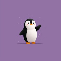 Naklejka premium Cute cartoon penguin waving in simple flat vector style on purple background, minimalistic 2D design with clean shapes and solid colors, perfect for children’s app logo, or playful graphic use.