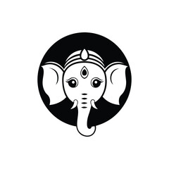 Fototapeta premium Stylized White Ganesha Elephant Head Icon with Third Eye on Black Circle hindu religion