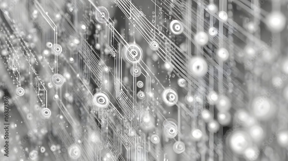Poster abstract graphic design of interconnected circuits and circles.