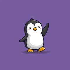 Naklejka premium Cute cartoon penguin waving in simple flat vector style on purple background, minimalistic 2D design with clean shapes and solid colors, perfect for children’s app logo, or playful graphic use.