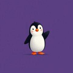 Obraz premium Cute cartoon penguin waving in simple flat vector style on purple background, minimalistic 2D design with clean shapes and solid colors, perfect for children’s app logo, or playful graphic use.