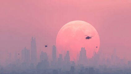 City skyline at sunrise/sunset, hazy, pink-toned, with helicopters