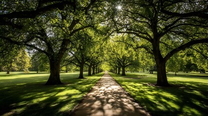 Fototapeta premium Sunlight streams through a parkway lined with mature trees.