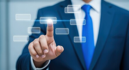 Businessman Touching Virtual Screen: Technology Integration, Digital Interface, and Modern Business Solutions, Presenting Innovative User Experience