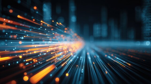 Abstract data stream visual with dynamic light trails conveying rapid technological advancement and connectivity