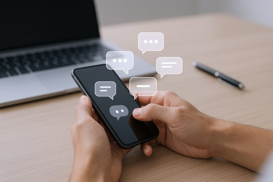 Engaged professional using mobile phone for communication with speech bubbles, laptop, and pen on a wooden desk