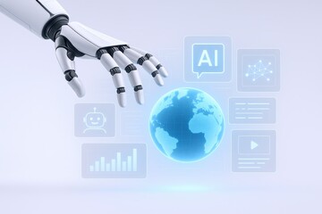 Robotic Hand Touching Global Data: Futuristic AI Concept with Holographic Interface, Technology Integration, Artificial Intelligence