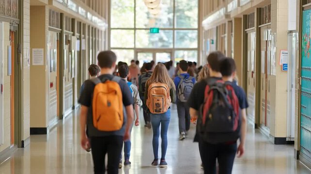 A vibrant group of students strolls through a busy school corridor, filled with chatter and laughter as they head to their next classes. The warm colors of fall filter in through the windows.