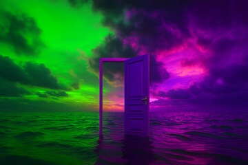 Surreal lighthouse on a colorful ocean under a vibrant sky