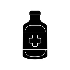 Medicine Bottle Silhouette Icon – Vector Flat Design on White Background. Bold and simple medical graphic representing healthcare, pharmacy, medication, and treatment. Ideal for hospital signage.