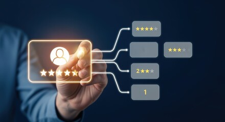 Customer feedback visualization with glowing elements showcasing a hand pressing a virtual review rating interface