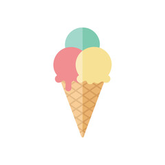 (Colorful Ice Cream Waffle Cone. Flat design artwork of a multi-scoop frozen dessert. Its pastel shades symbolize warmth, joy, and the delightful pleasures of summer.)