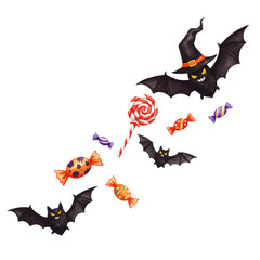 Halloween Candy and Bats with Witch Hat Decoration for Festive Celebration