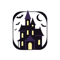 (Spooky Haunted Mansion Night Scene. An eerie gothic structure with glowing apertures. Bats flit across a crescent celestial body. Perfect for frightening themes and October celebrations.)