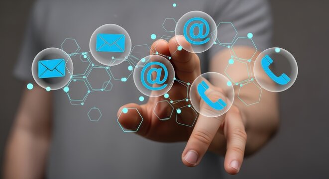 Hand Touching Digital Contact Icons: Communication, Email, Phone, and Connectivity Concept for Modern Business