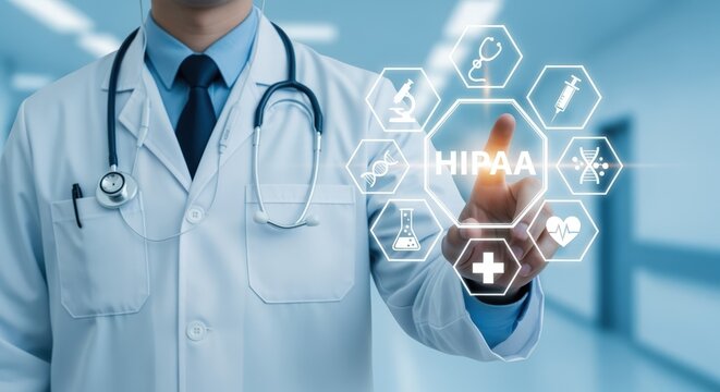 Doctor interacting with HIPAA compliance interface for healthcare data protection and patient privacy regulations