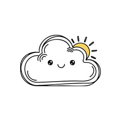 Cute Smiling Cloud and Sunshine. An adorable vapor formation with a cheerful face and bright yellow celestial body. This delightful illustration symbolizes hope, good weather, and a positive outlook.