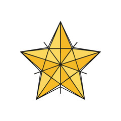 Obraz premium (Geometric Gold Star Outline Icon. Stylized yellow five-pointed celestial emblem with intricate black lines, depicting excellence and achievement. Modern graphic motif on dark background.)