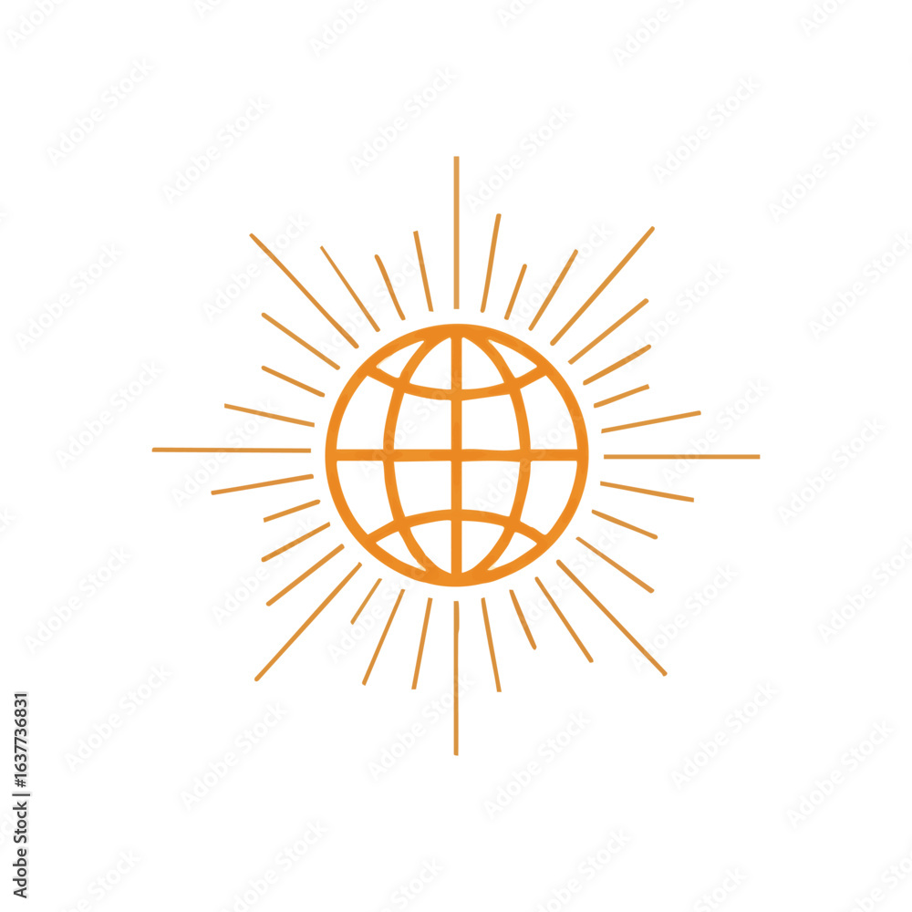 Poster (global radiance icon. a stylized planetary orb with outward expanding lines on a dark backdrop. thi