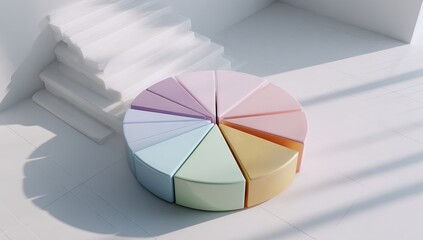 Fototapeta premium Pastel-colored pie chart on white floor with stairs