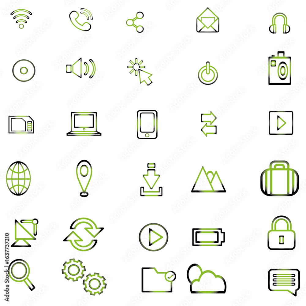 Poster build a clean, minimal icon collection for communication and technology, highlighted with elegant te
