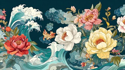 A vibrant composition depicts stylized waves crashing alongside blooming floral arrangements, evoking a sense of dynamic energy and serene beauty through traditional artistic techniques.