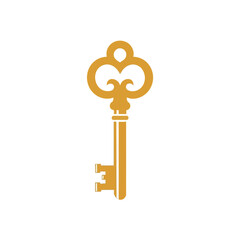 (Ornate Gold Skeleton Key Icon. Elegant brass access symbol on a dark backdrop, representing solutions, secrets, opportunity, and success. Unlock your potential.)