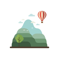 (Hot Air Balloon Over Green Peaks. An inviting illustration depicting a vibrant zeppelin soaring above tranquil elevated terrain. This minimalist graphic evokes feelings of discovery and serene.) © Lull