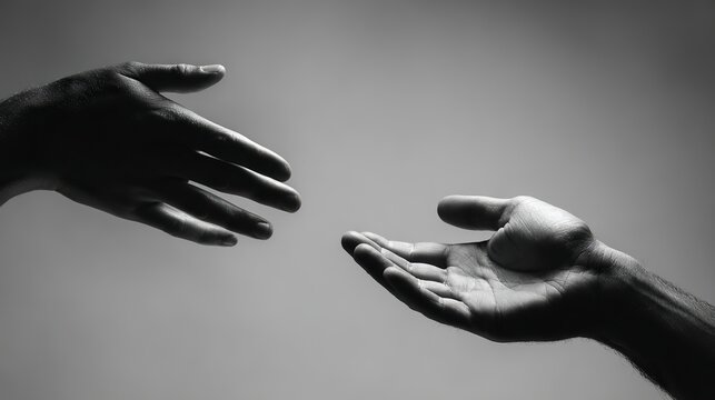 Black and white photo of two hands reaching toward each other on grey background, dramatic lighting, empty left space, symbolizing International Day of Peace, help, connection, teamwork