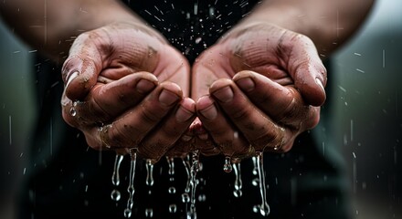 Fototapeta premium Working hands cupping precious water, a vital resource dripping through fingers. A concept of life, scarcity, and conservation.