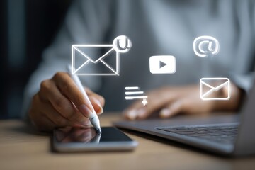 Close-up of person using laptop, phone, and digital pen with email and social media icons overlaid